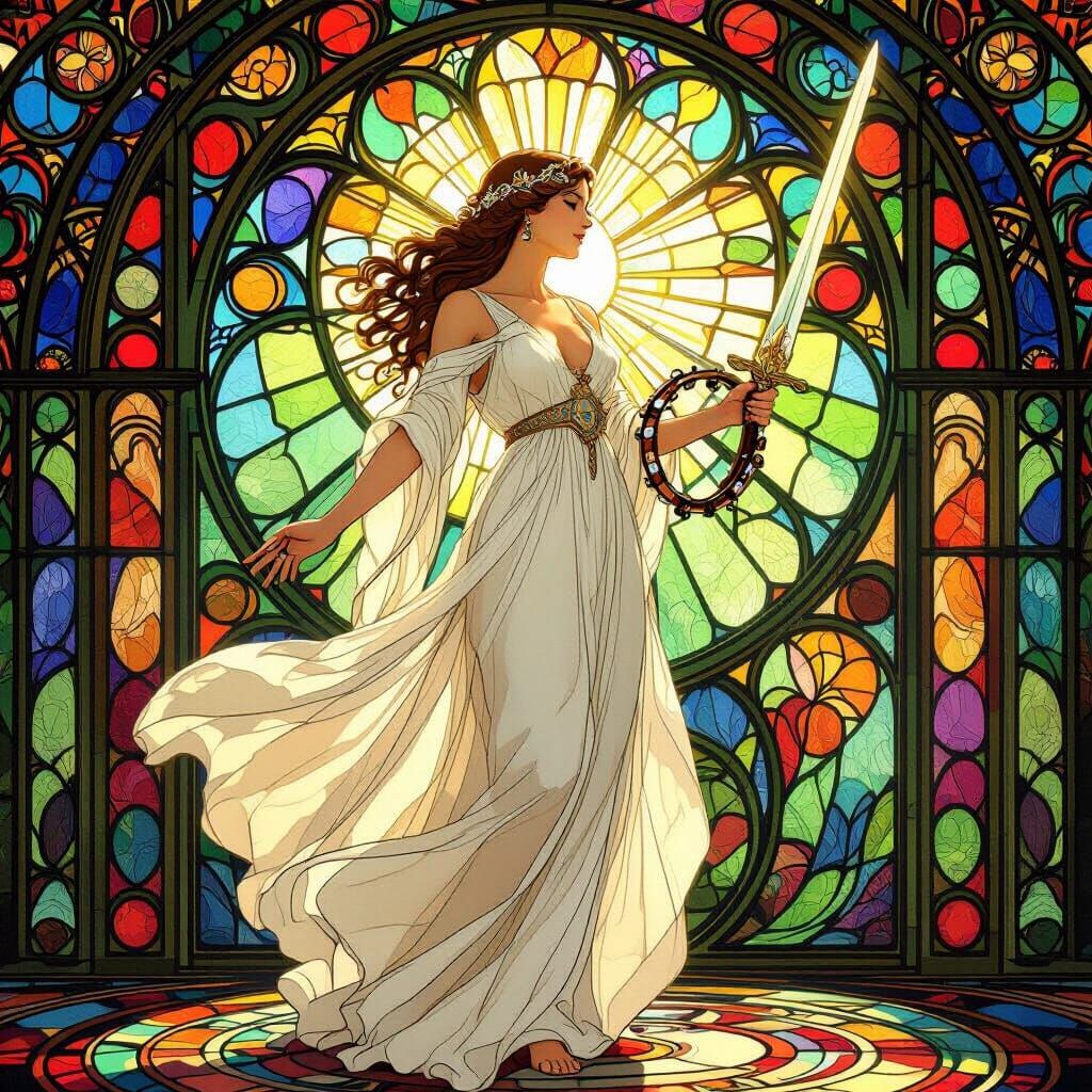 Divine Woman with Tambourine and Sword in Stained Glass