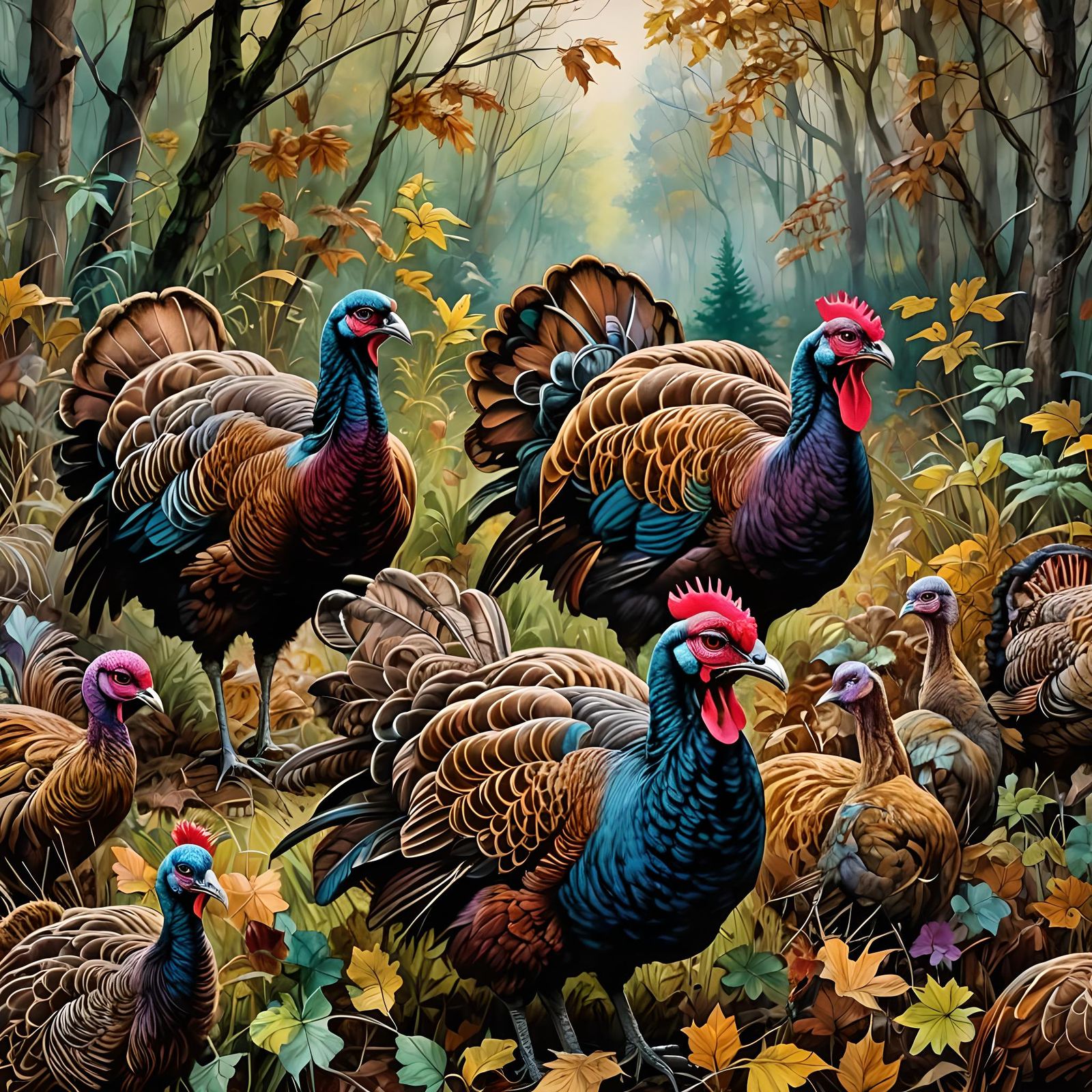 Pop Art Wild Turkeys in Watercolor Style