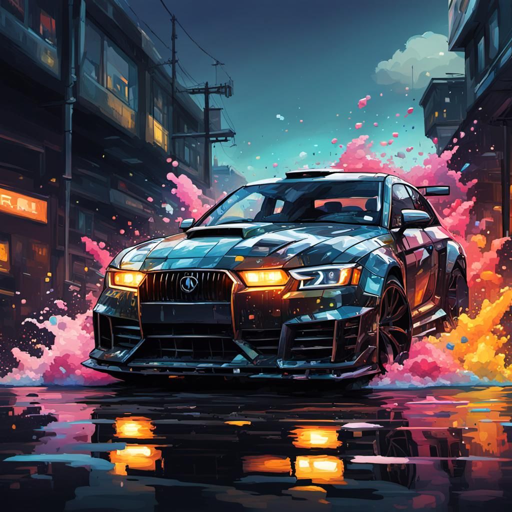 Pixelated King Car in Hyperrealistic Splash Art