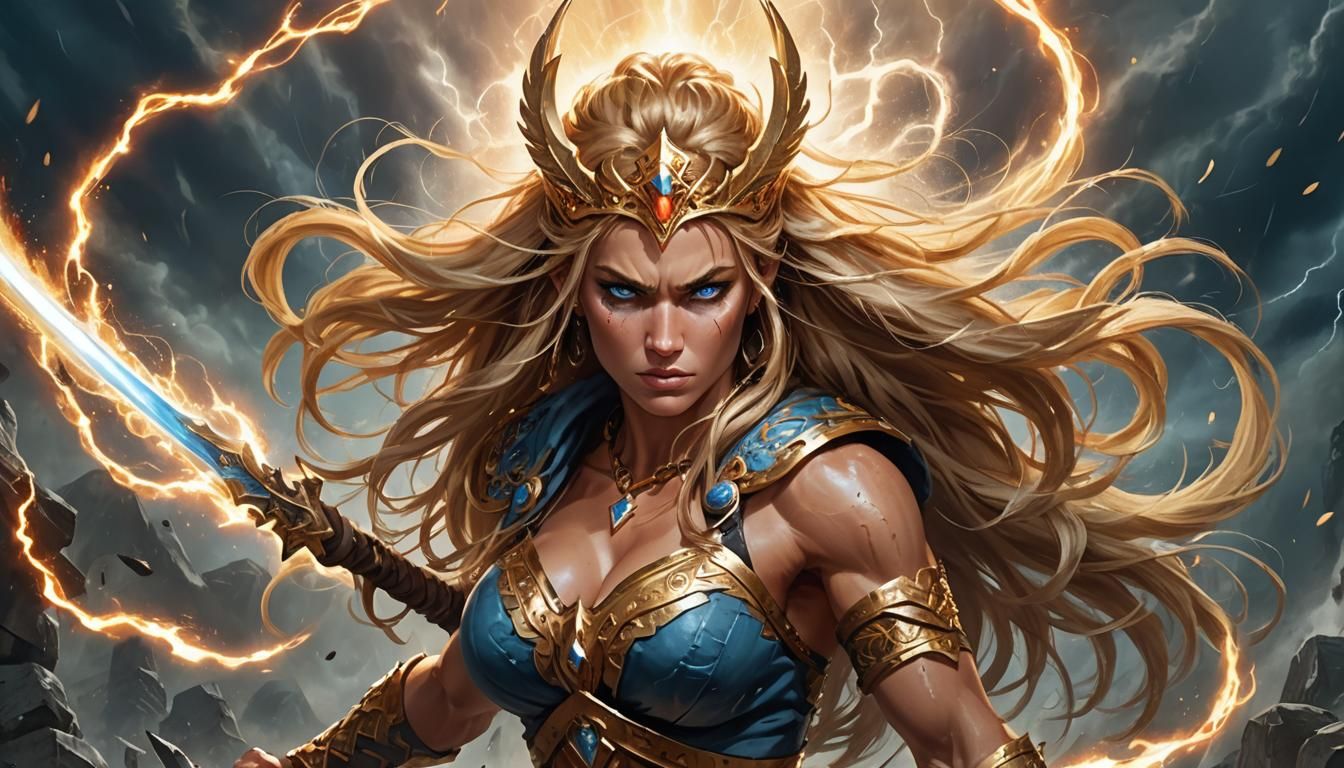 Powerful Barbarian Woman with Electrified Sword, Anime Style