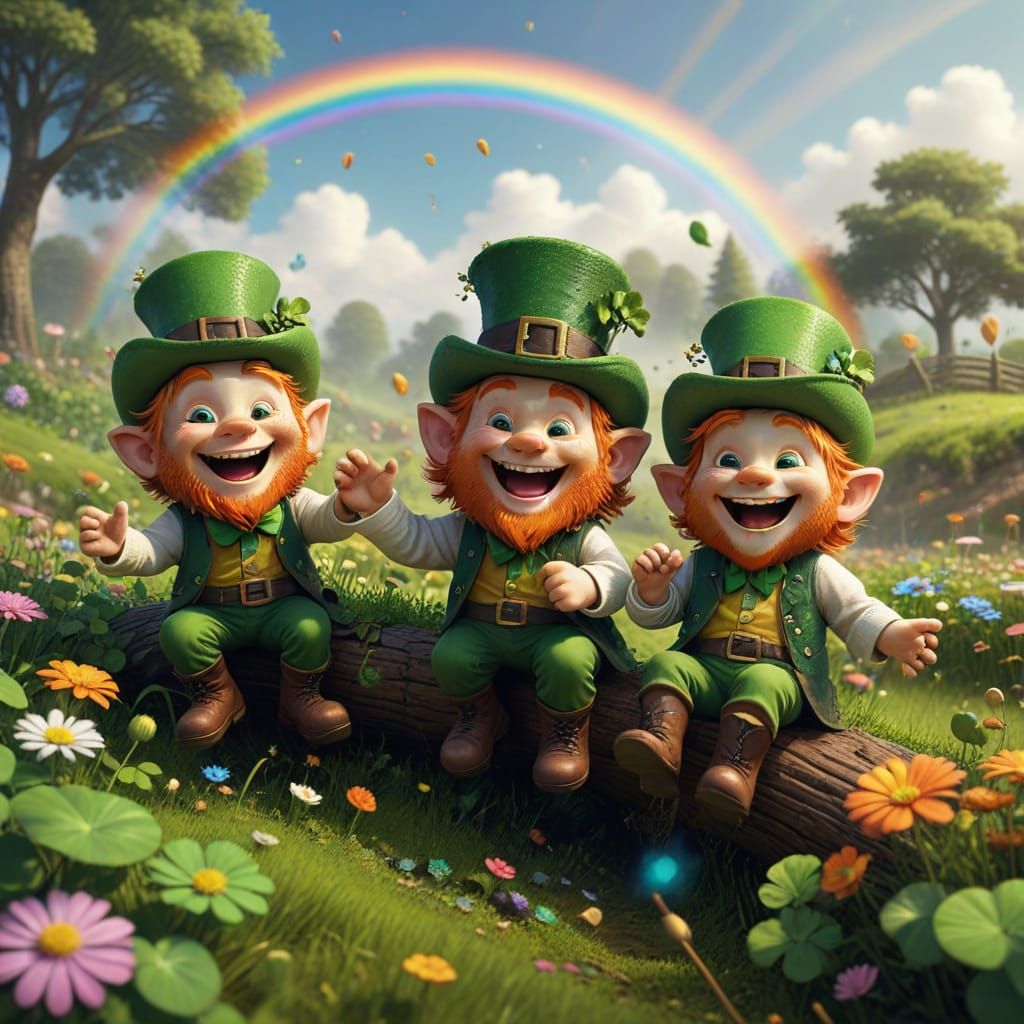 Joyful Leprechauns Slide Down Rainbow Into Clover Field