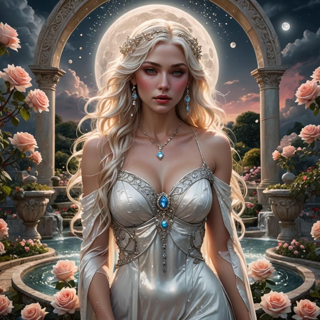 Goddess with Platinum Hair in Rose Garden