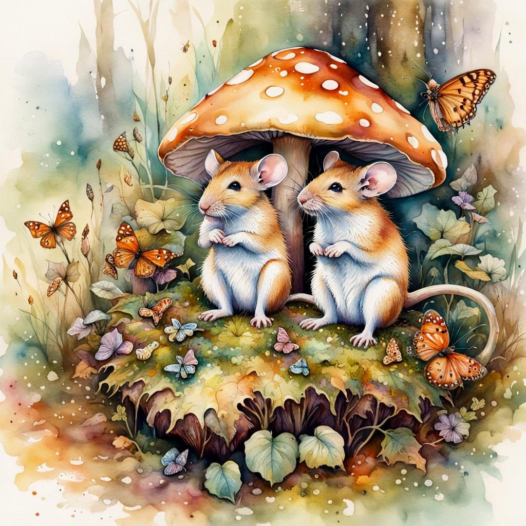 Mice Under Mushroom in Watercolour Style