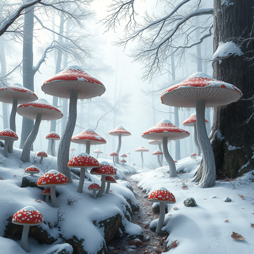 Magical Snowy Forest with Giant Mushrooms