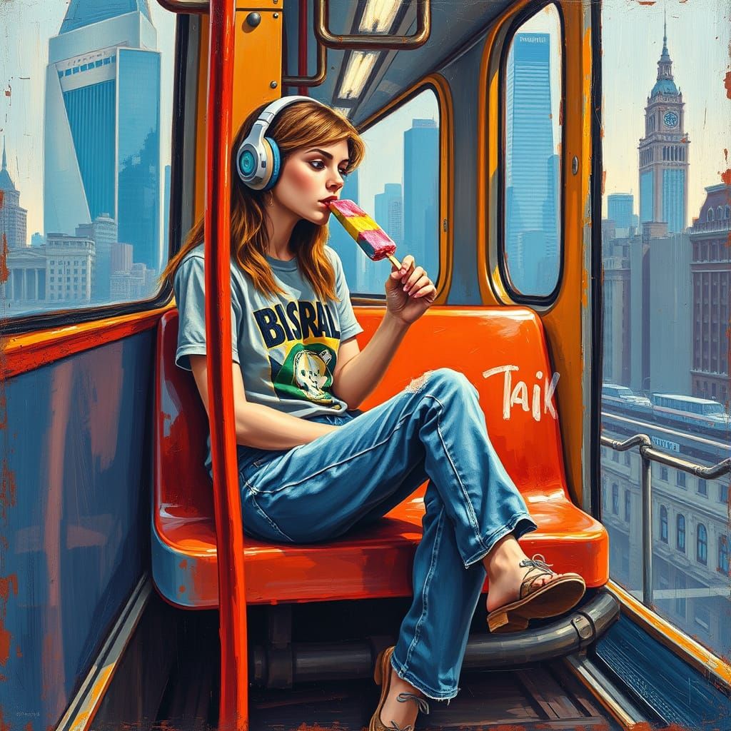 She sits on the roof of a rust-orange train as it cuts throu...