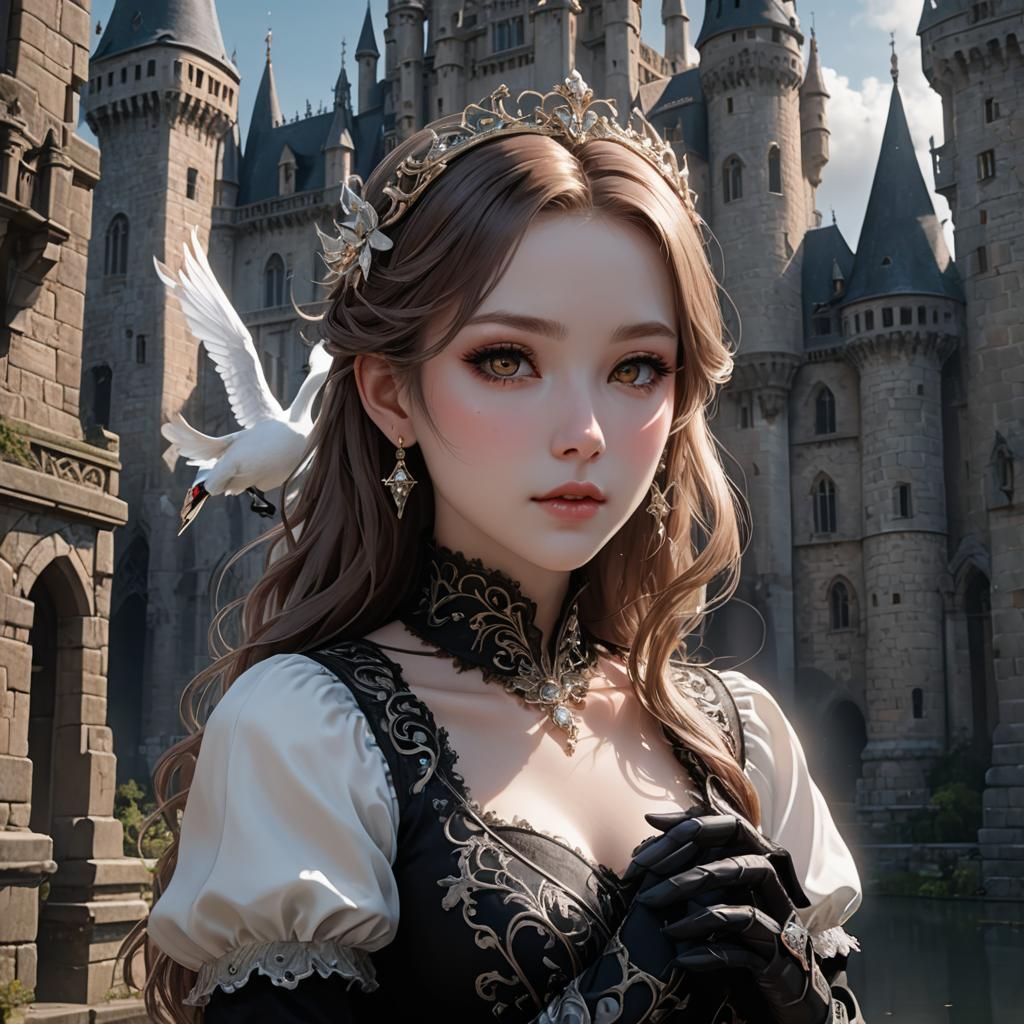 Anime Girl with Swan in Jewel Castle, Digital Art