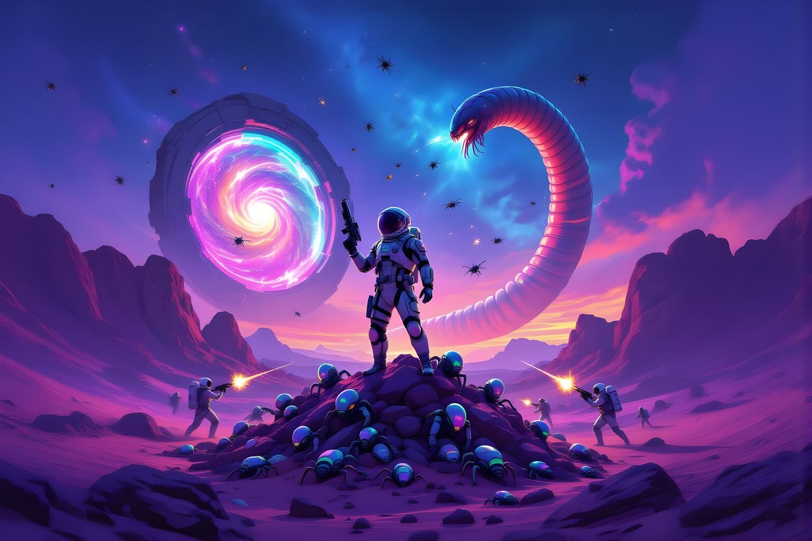 Victorious Astronaut Amidst Alien Swarm in Desert