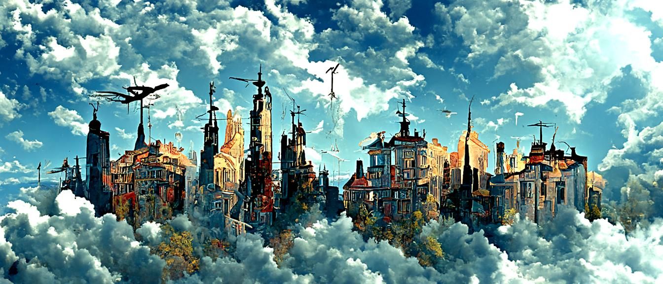 Steampunk Flying City in Mist, Digital Painting