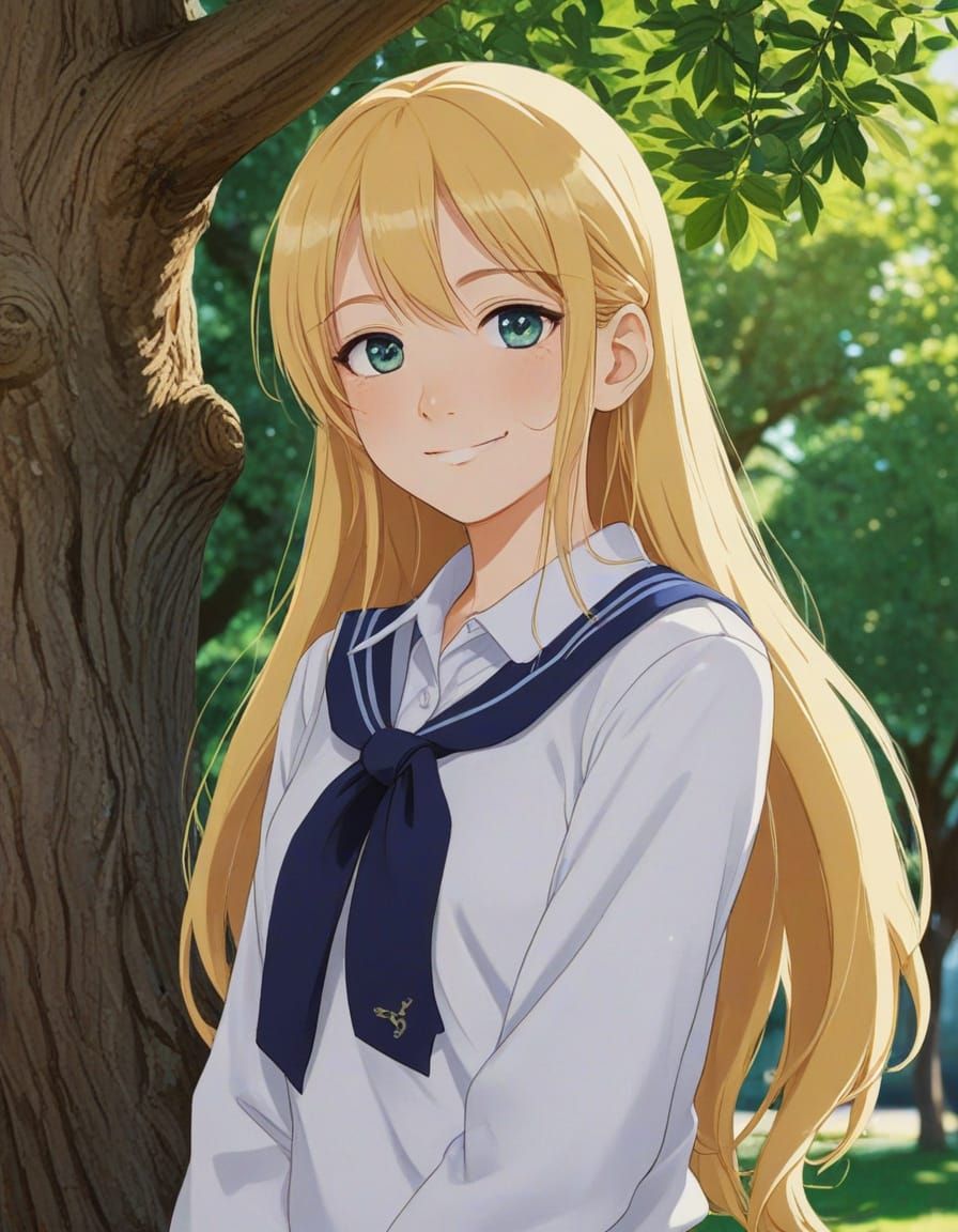 Japanese High School Girl Smiles Under the Tree