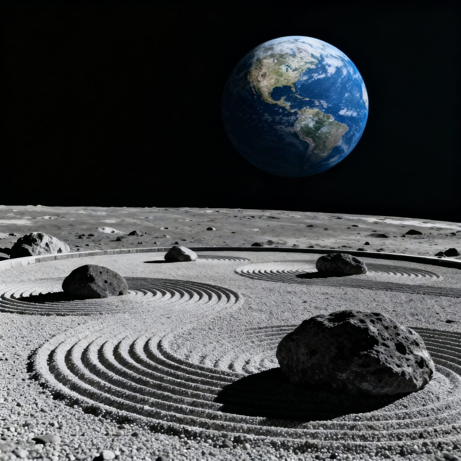 Zen Garden on Moon Surface with Earth View
