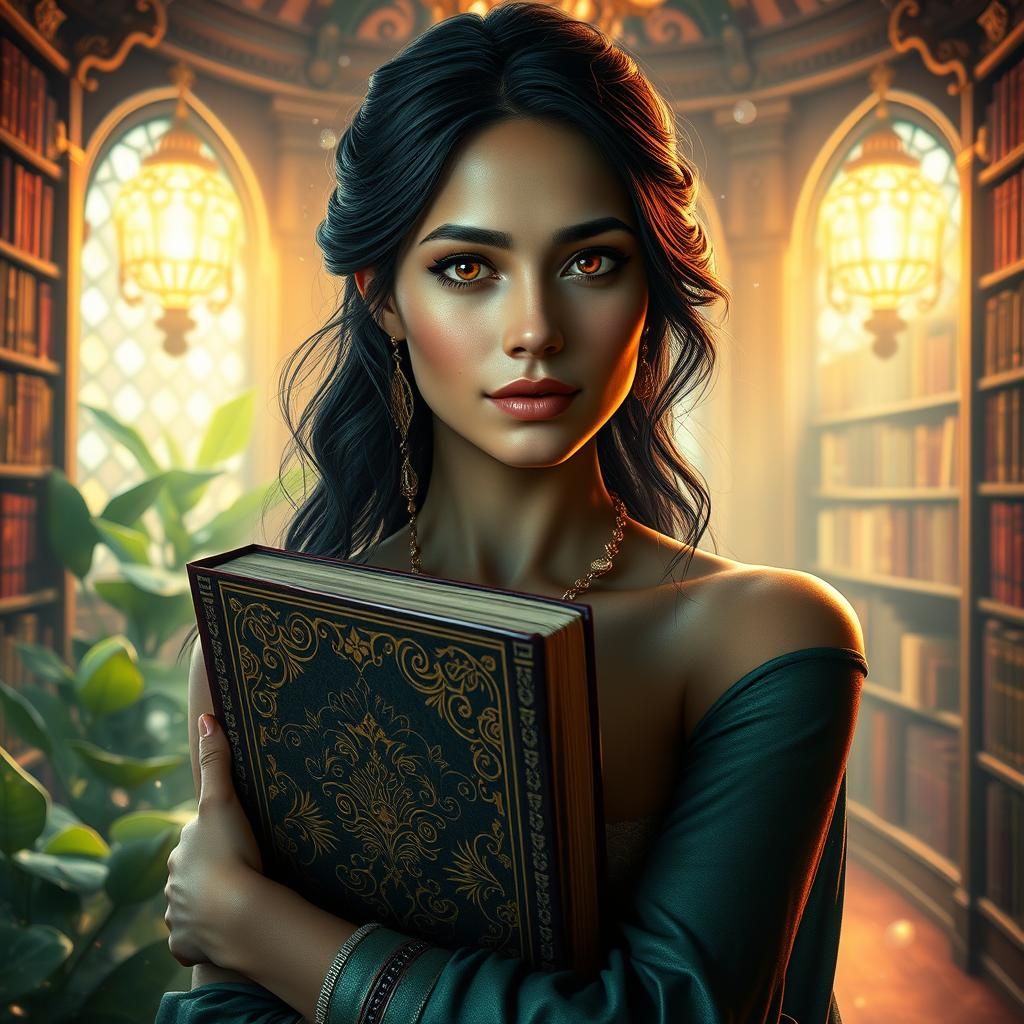 Elegant Portrait in Mystical Library, Hyperrealistic Concept...