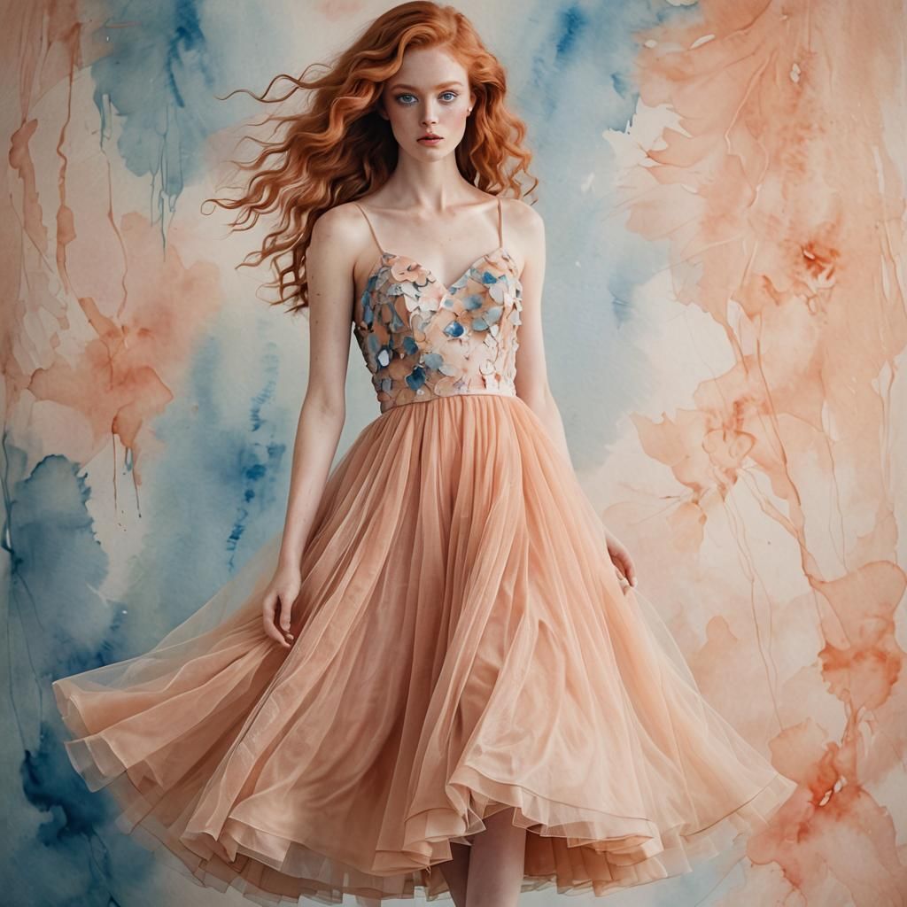 Model in Shimmery Peach Tulle Dress on Watercolor Background