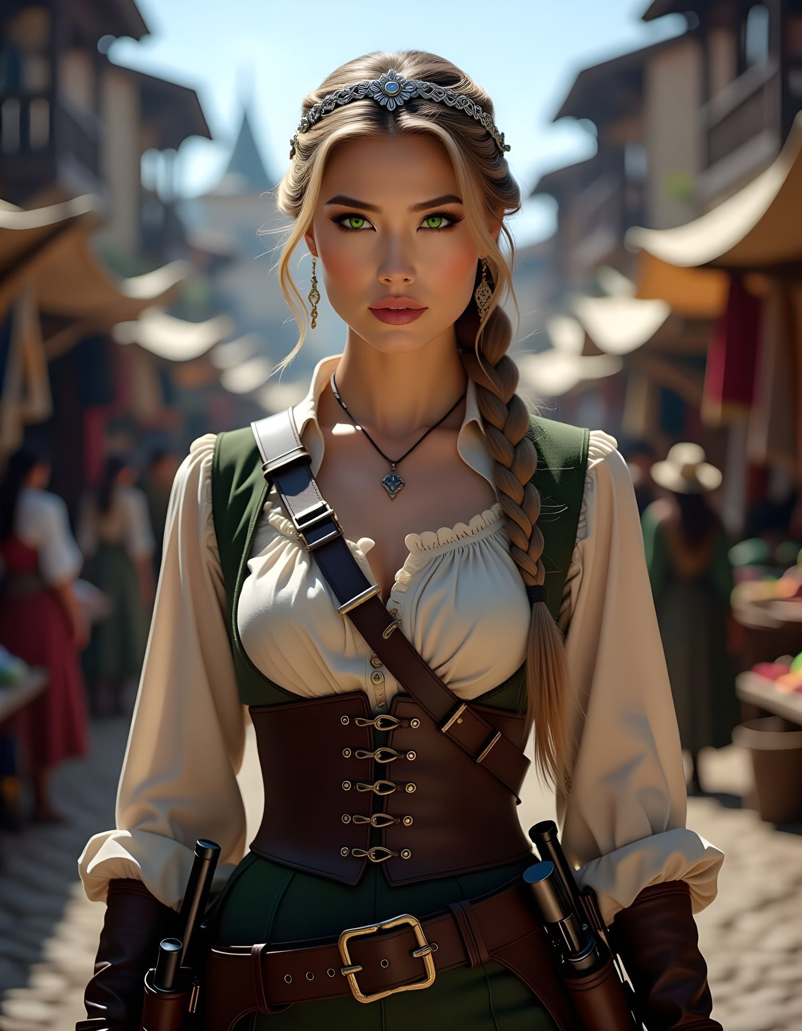 Asian Gunslinger Woman in Medieval Town Market