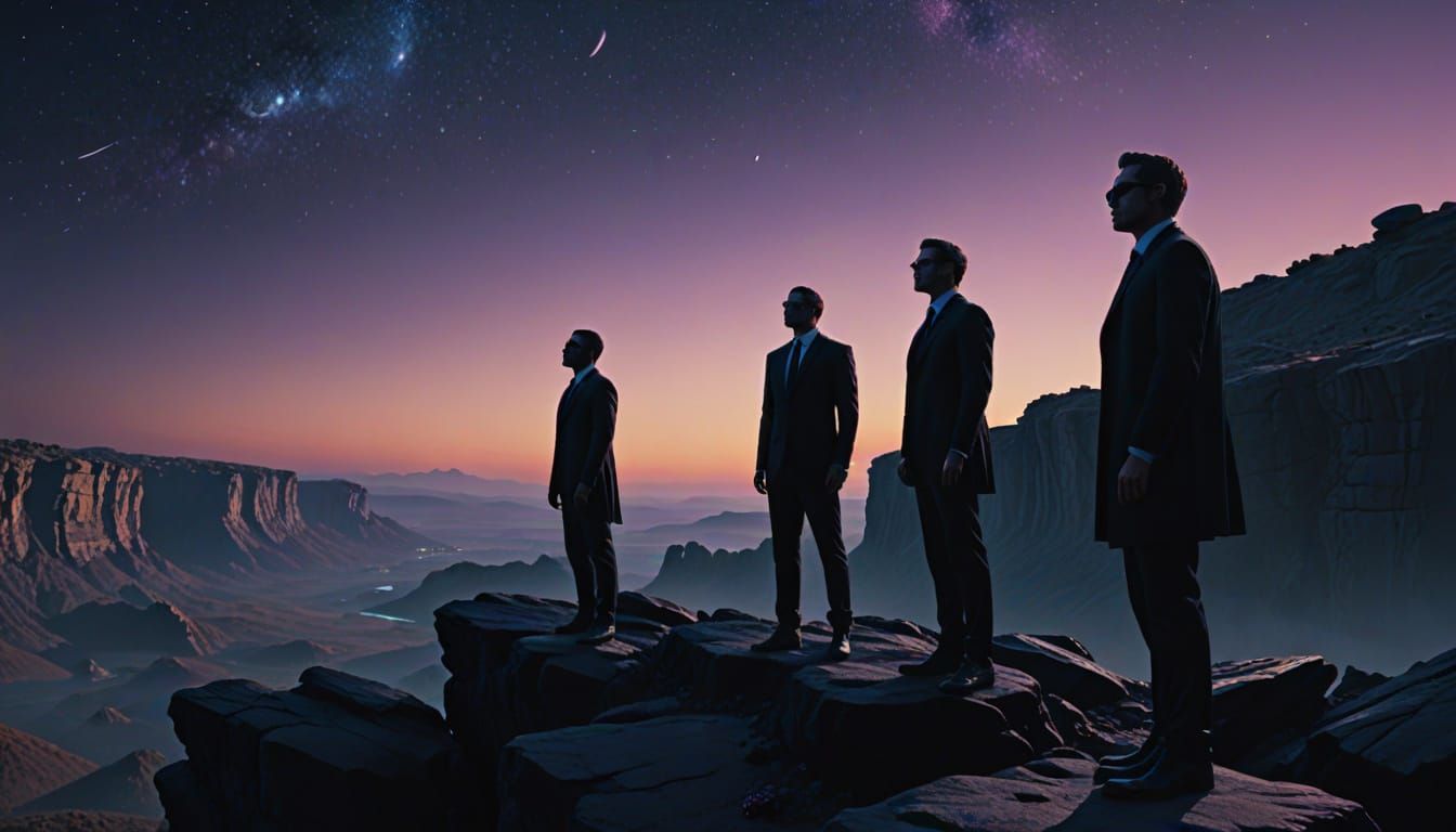 Sci-Fi Men in Black on Obsidian Cliff