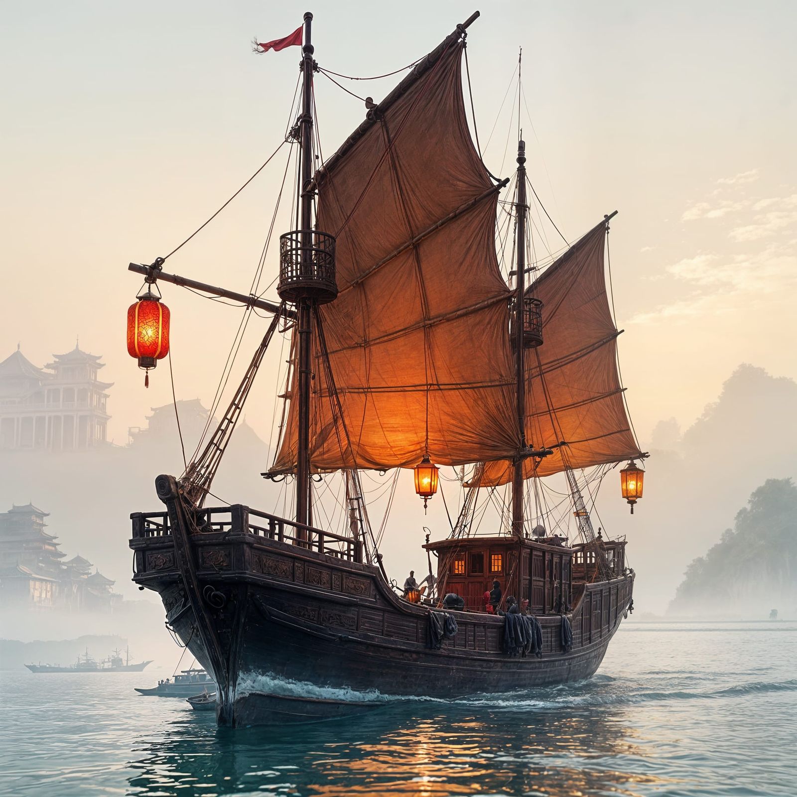 Chinese Junk Boat on Misty Sea at Dusk