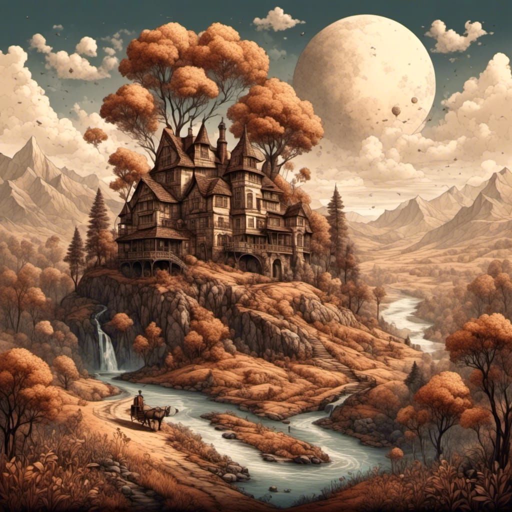 Antique Brown House in Forest, Sepia-Toned Sketch