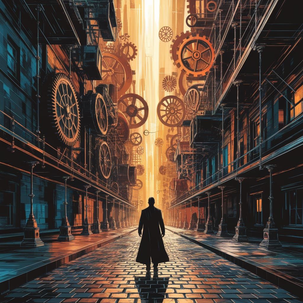 Steampunk Matrix Clockwork Cityscape in Gouache