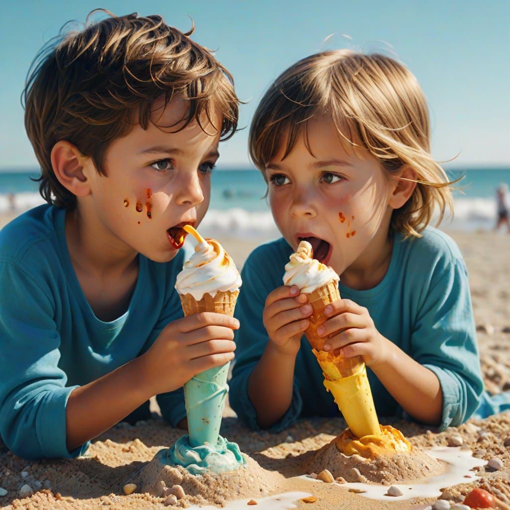 Children Share Ice Cream on Sunny Beach