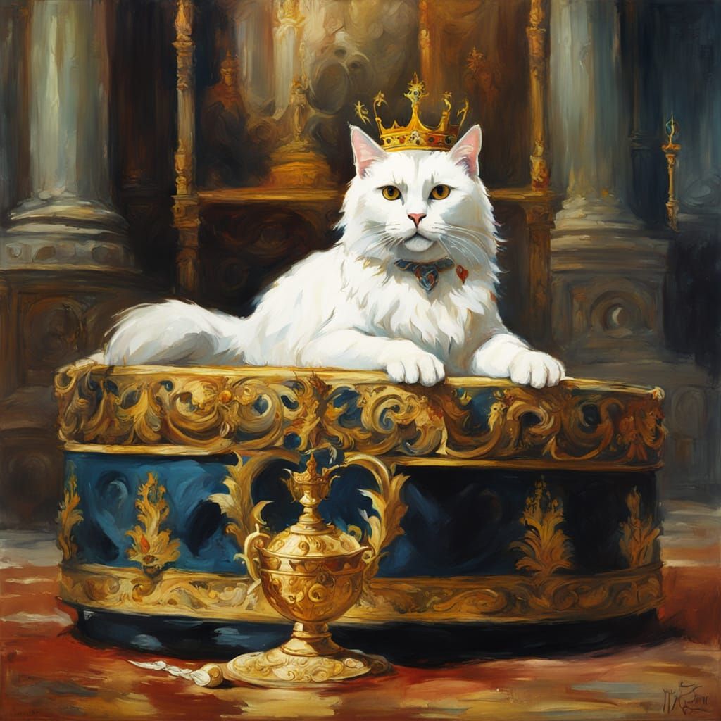 White Cat King in Royal Hall, Fluid Gouache Masterpiece