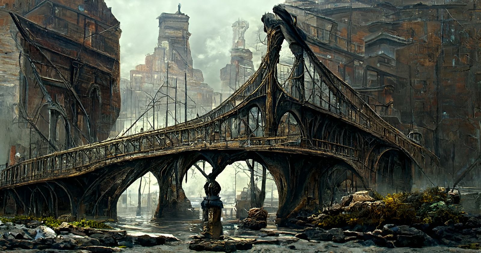 Brooklyn Bridge Sorrow: Steampunk Oil Painting