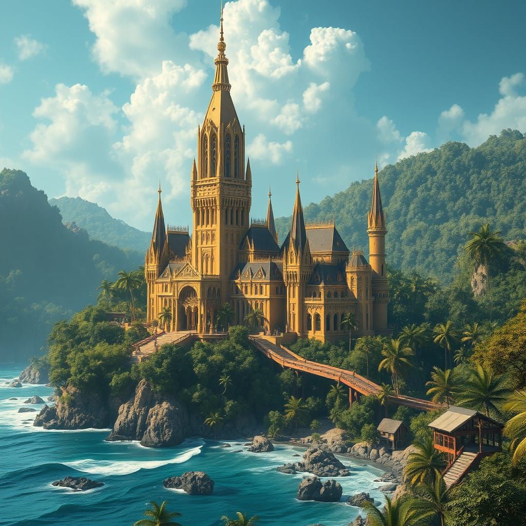 Majestic Golden Castle Surrounded by Jungle and Turquoise Oc...