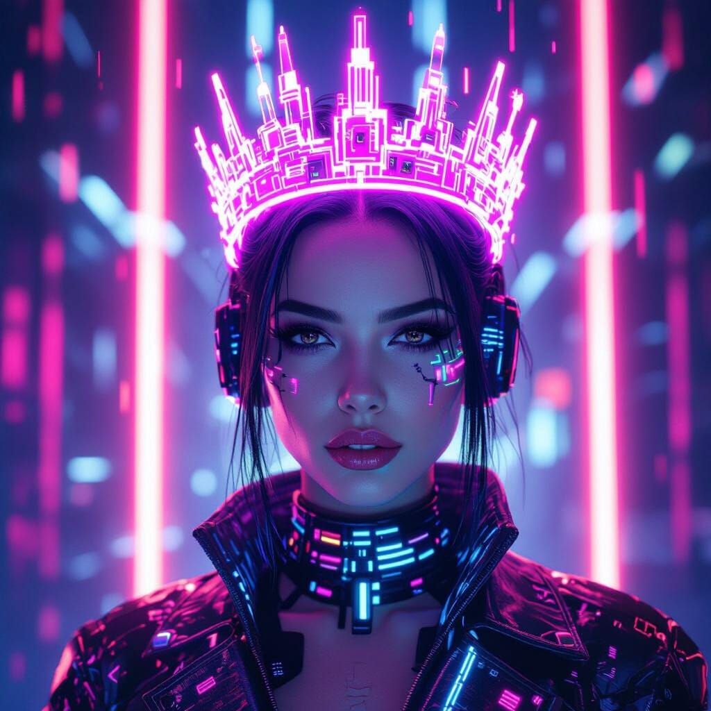 Cyberpunk Digital Queen with Glitching Neon Crown