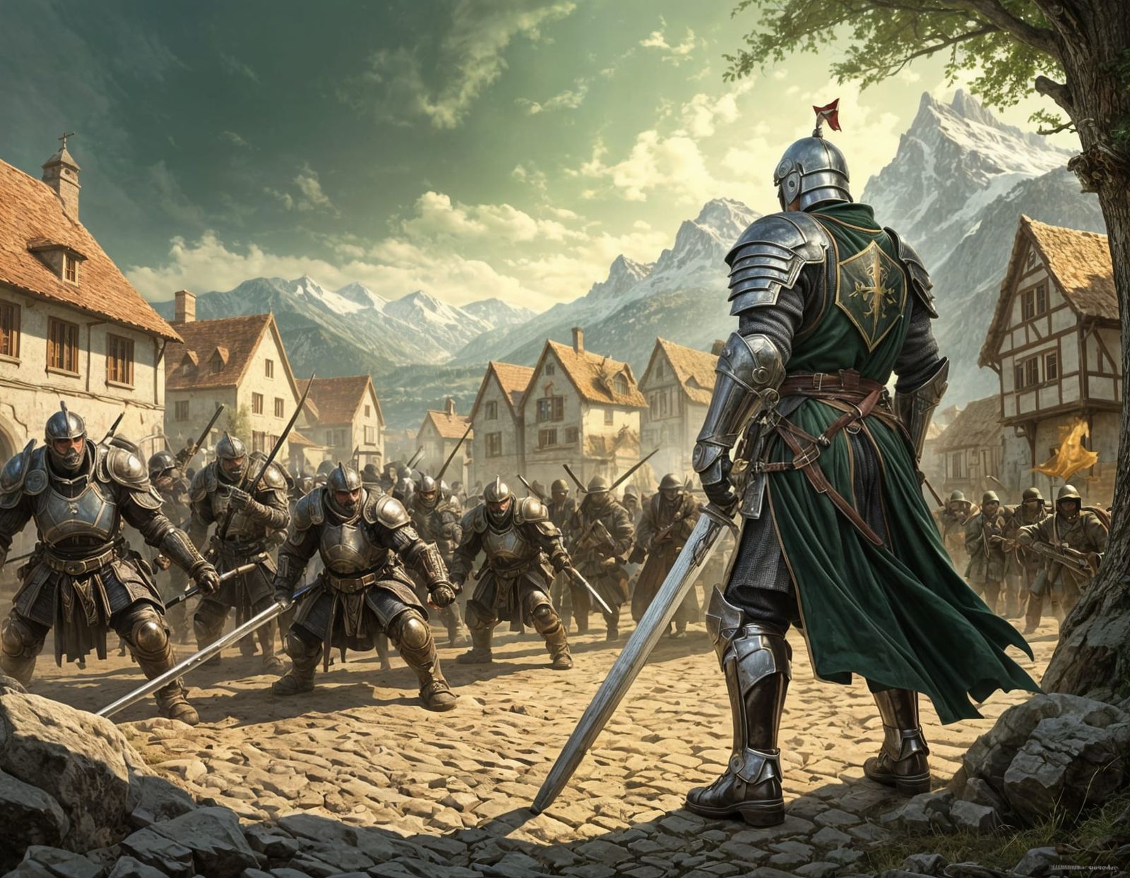 Knight Defends Village Against Orcs in Fantasy Painting