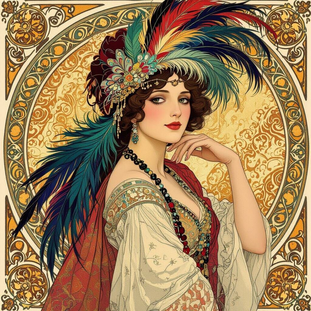 Elegant Woman in Ornate Filzhat, Art Nouveau Style