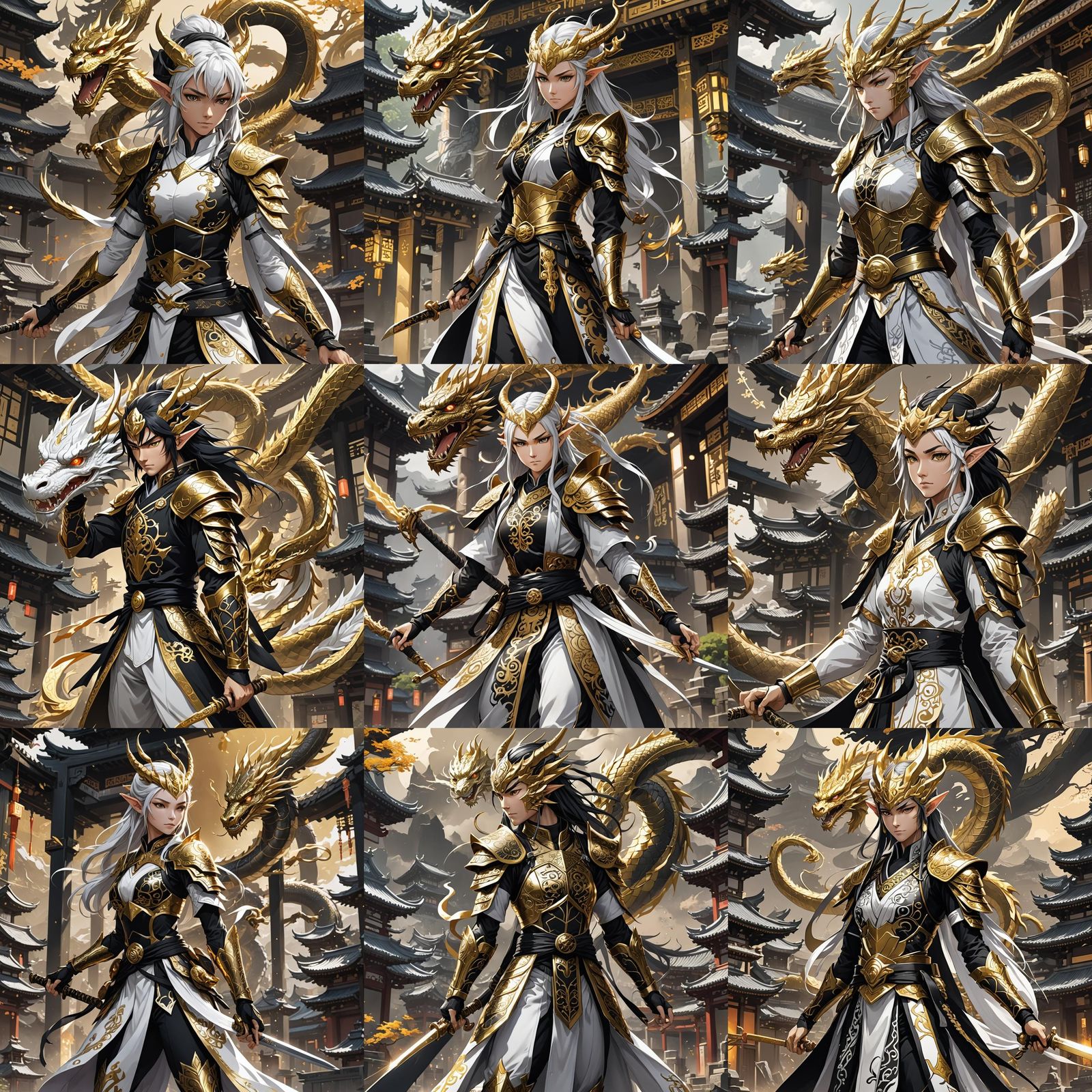 Elf Ninja and Dragon in Anime Style