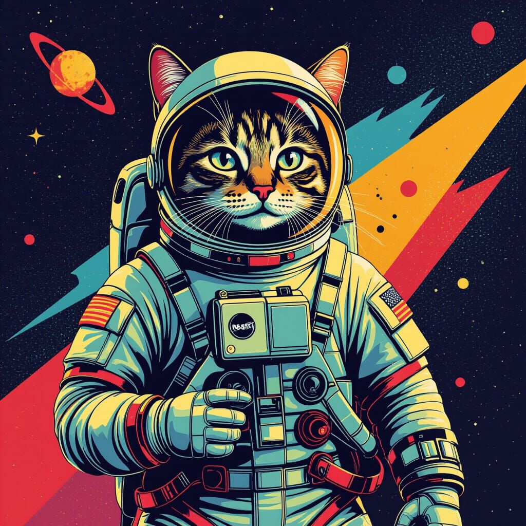 Cat Astronaut in Space: Pop Art Digital Illustration
