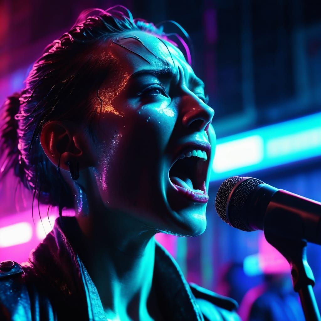 Cyberpunk Woman Screaming Into Microphone on Stage
