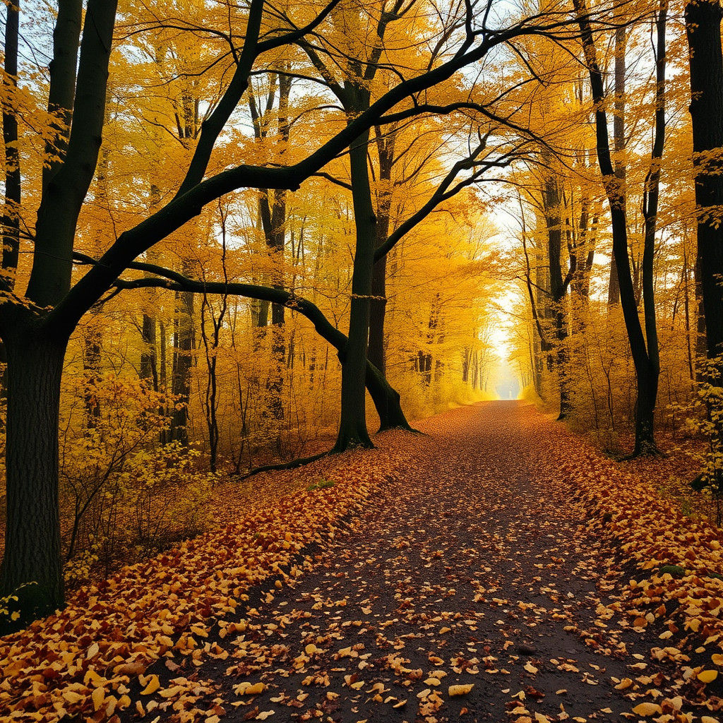 Autumn Forest Path Diverges at Branch