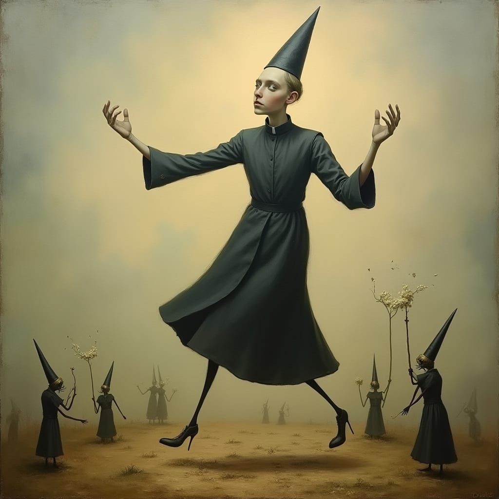 Surreal Oil Painting of Dancing Priest in Enchanting World