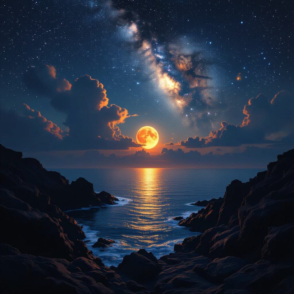 Cosmic Seascape: Glowing Moonlit Night Reflection