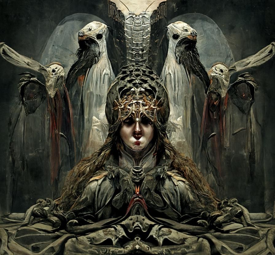 Horrific Priestess Face with Snakes and Wings