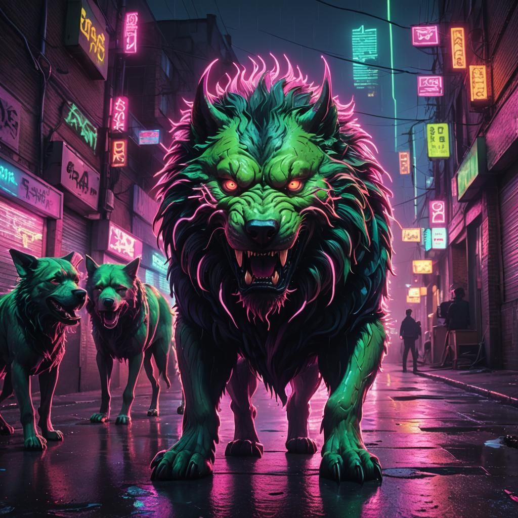 Synthwave Beast Devouring Dogs in Neon Alley