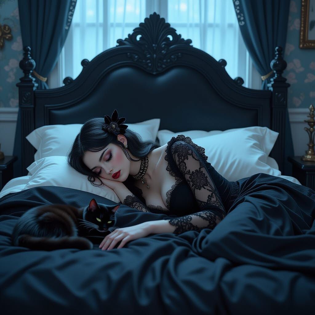 Goth Girl Asleep in Mystical Ambiance