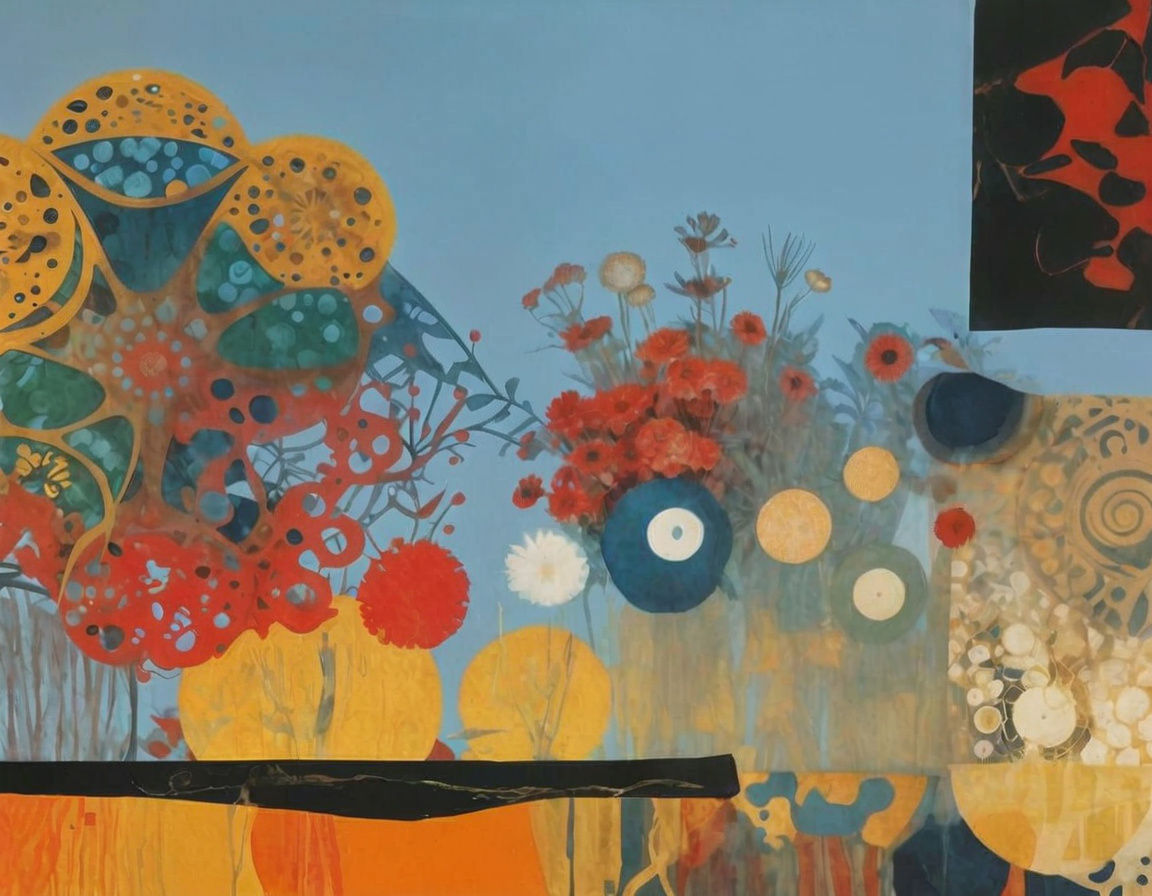 Colorful Abstract Botanical Collage in Mixed Media Style