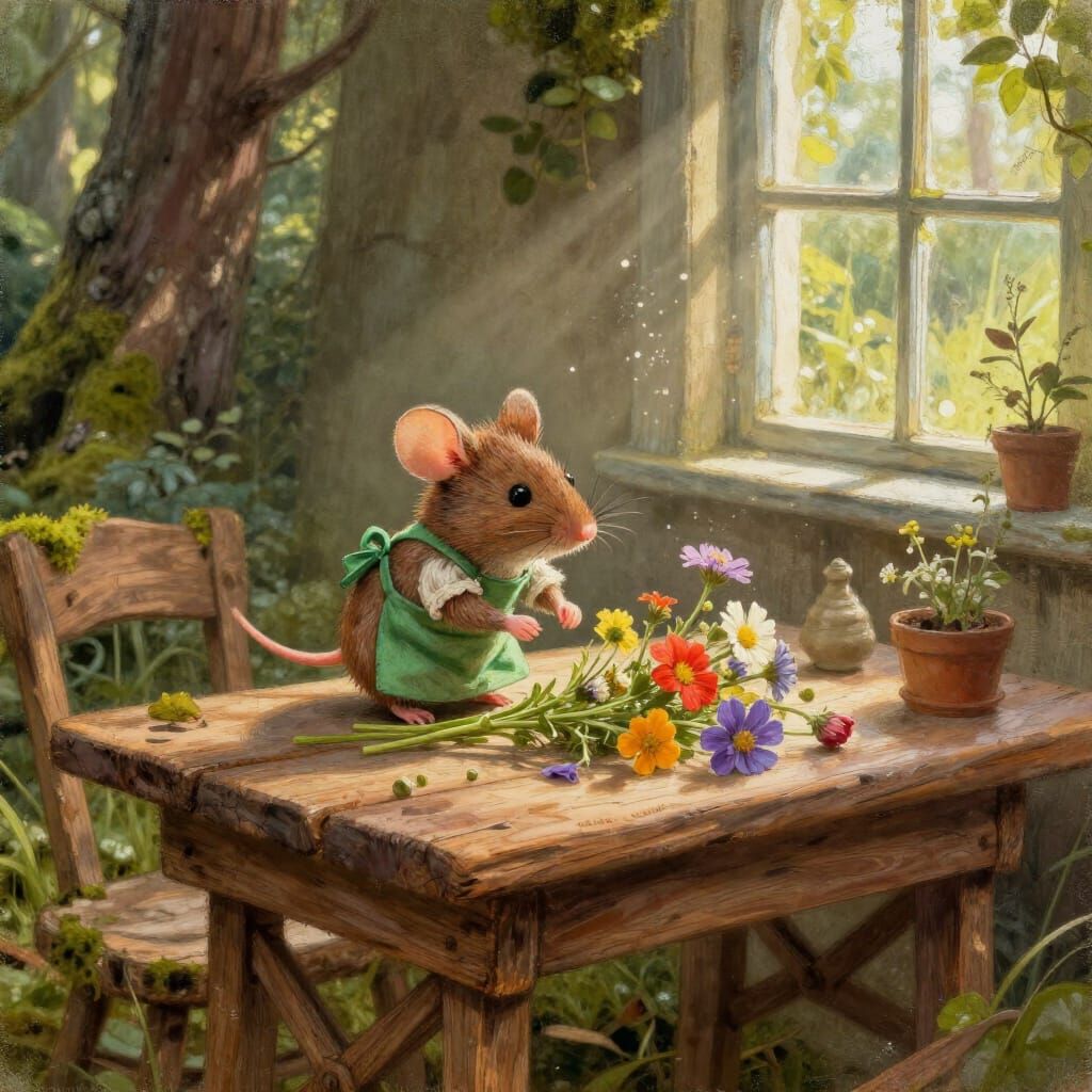 Mouse Arranging Wildflowers on Table in Forest Clearing