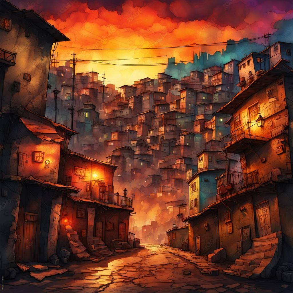 Favelas at Sunset: Modern Ink Steampunk Painting