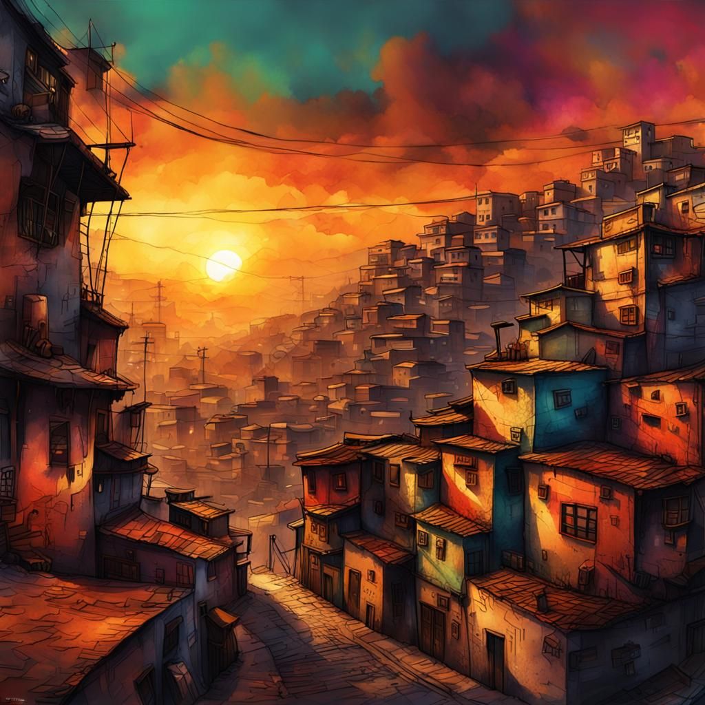 Steampunk Favela Sunset in Ink Painting Style