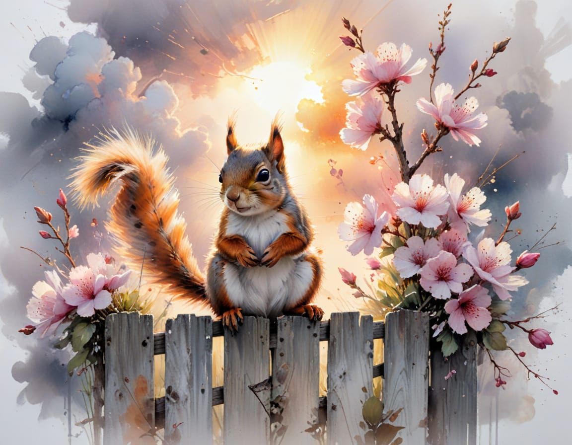 Tiny Squirrel with Blossom on Fence, Glowing Horizon