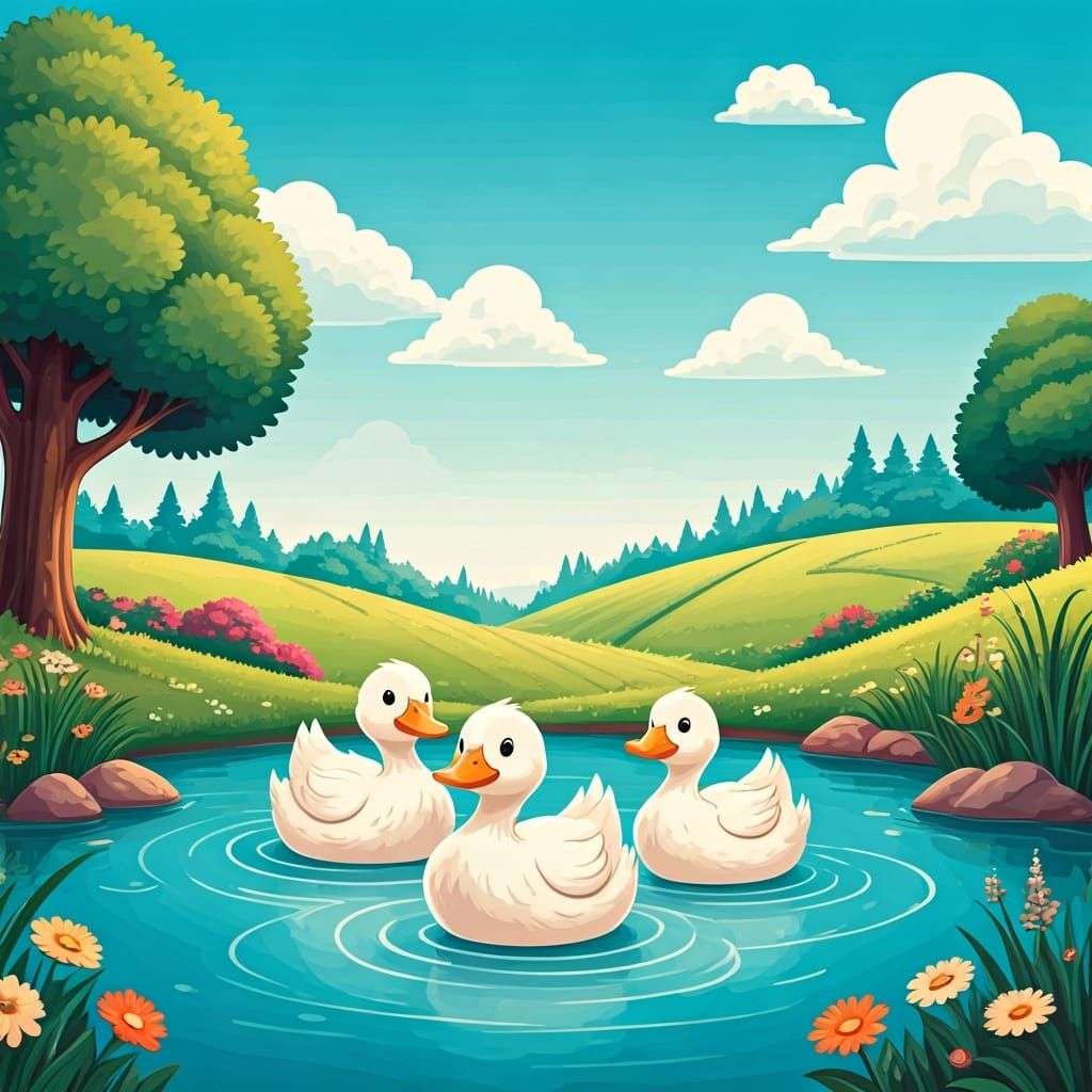 Cartoon Ducks in Lush Landscape, Animation Art