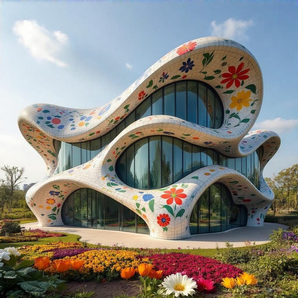 Curvilínea Futurista Abstrata com Jardim de Flores Coloridas