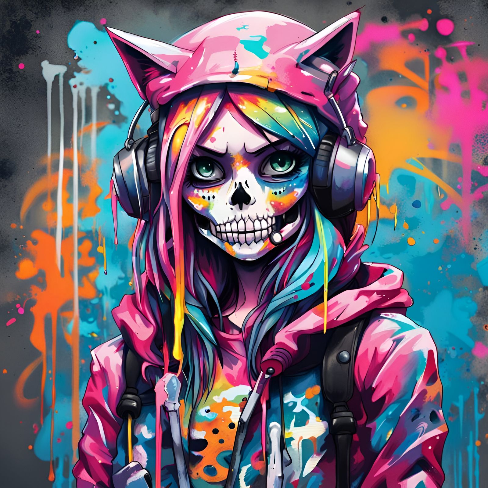 Anime Skeleton Catgirl in Graffiti Street Art