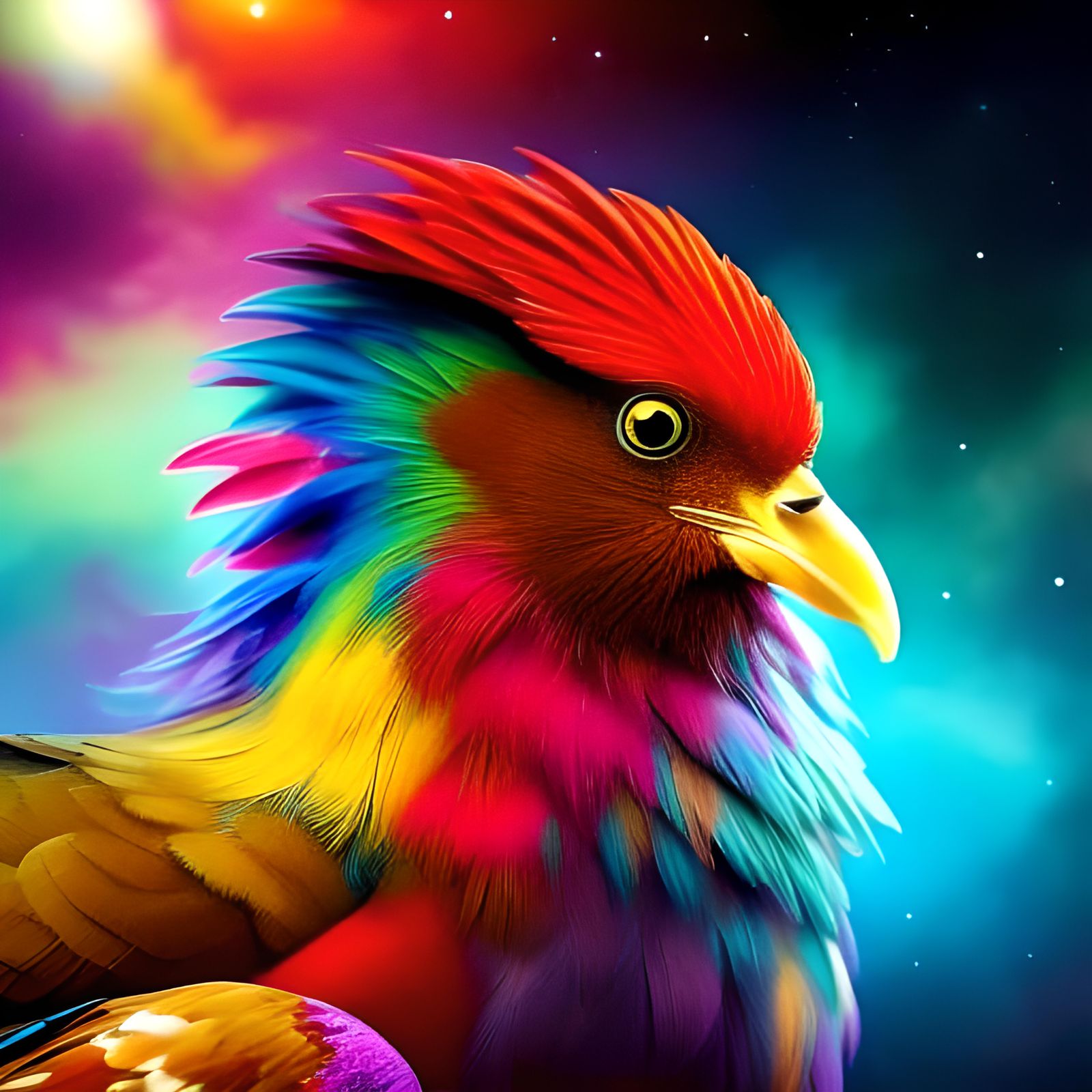 beautiful realistic chicken with rainbow colours, magical