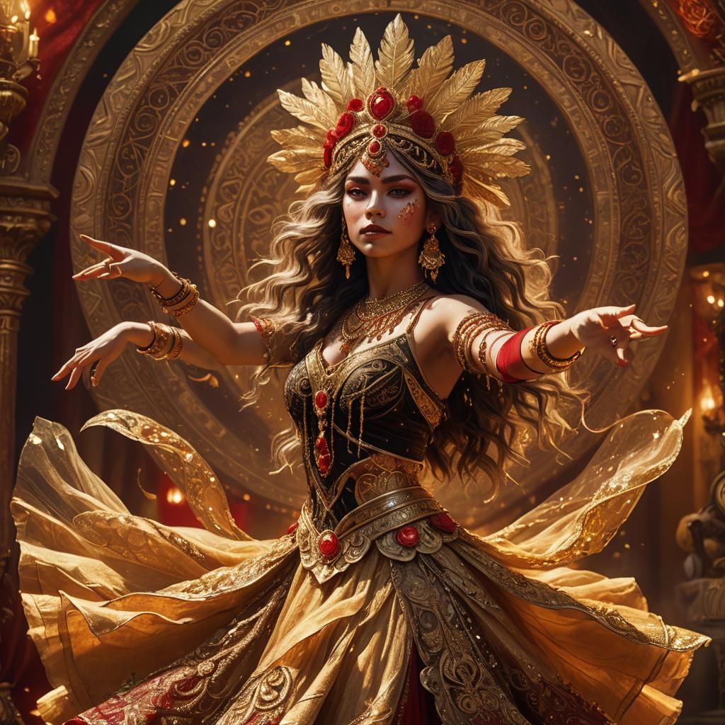 Gypsy Catgirl Dancing in Ornate Golden Headdress