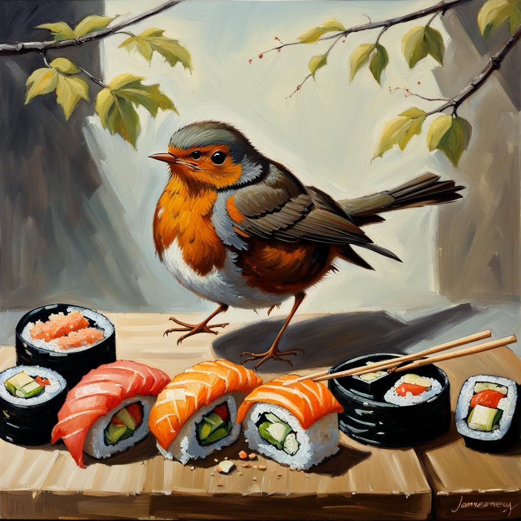 Robin Enjoys Sushi: Oil Painting
