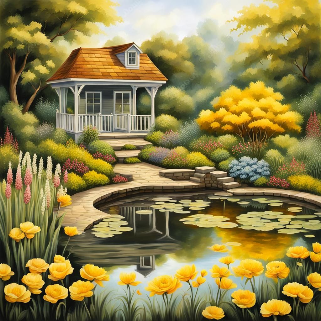 Elevated Garden with Pond in Oil Painted Style