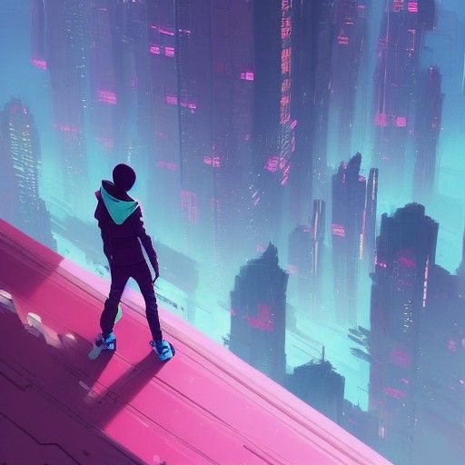 Teenager Overlooking City: Digital Art Style